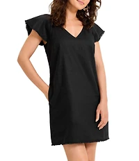 Tommy Bahama Two Palms Linen V-Neck Flutter Sleeve Fringe Shift Dress