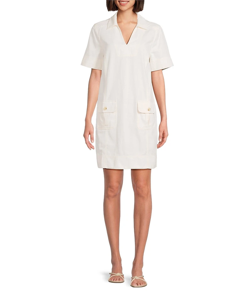 Tommy Bahama Utility Twill Linen Cotton Blend Jonny Collar Short Sleeve Shift Dress