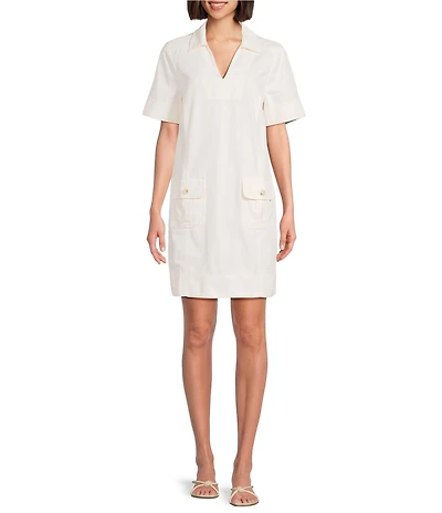 Tommy Bahama Utility Twill Linen Cotton Blend Jonny Collar Short Sleeve Shift Dress