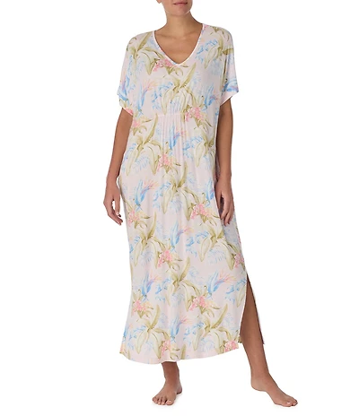 Tommy Bahama V-Neck Short Sleeve Jersey Knit Long Tropical Floral Print Caftan