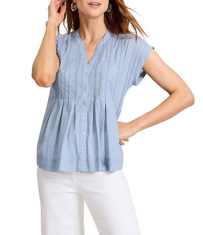 Tommy Bahama Voile Voyage Cotton Cross Stitch Pintuck V-Neck Cap Sleeve Button Front Shirt