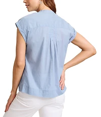 Tommy Bahama Voile Voyage Cotton Cross Stitch Pintuck V-Neck Cap Sleeve Button Front Shirt