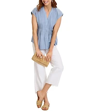 Tommy Bahama Voile Voyage Cotton Cross Stitch Pintuck V-Neck Cap Sleeve Button Front Shirt