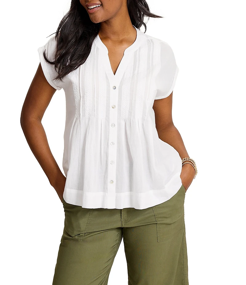 Tommy Bahama Voile Voyage Cotton Cross Stitch Pintuck V-Neck Cap Sleeve Button Front Shirt