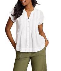 Tommy Bahama Voile Voyage Cotton Cross Stitch Pintuck V-Neck Cap Sleeve Button Front Shirt