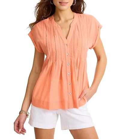Tommy Bahama Voile Voyage Cotton Cross Stitch Pintuck V-Neck Cap Sleeve Button Front Shirt