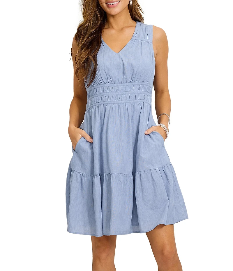 Tommy Bahama Voile Voyage V-Neck Sleeveless Ruffle Hem Fit & Flare Dress