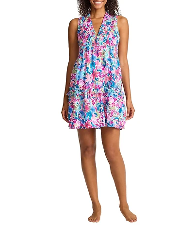 Tommy Bahama Watercolor Floral V-Neck Tiered Ruffle Swim Cover-Up Dress