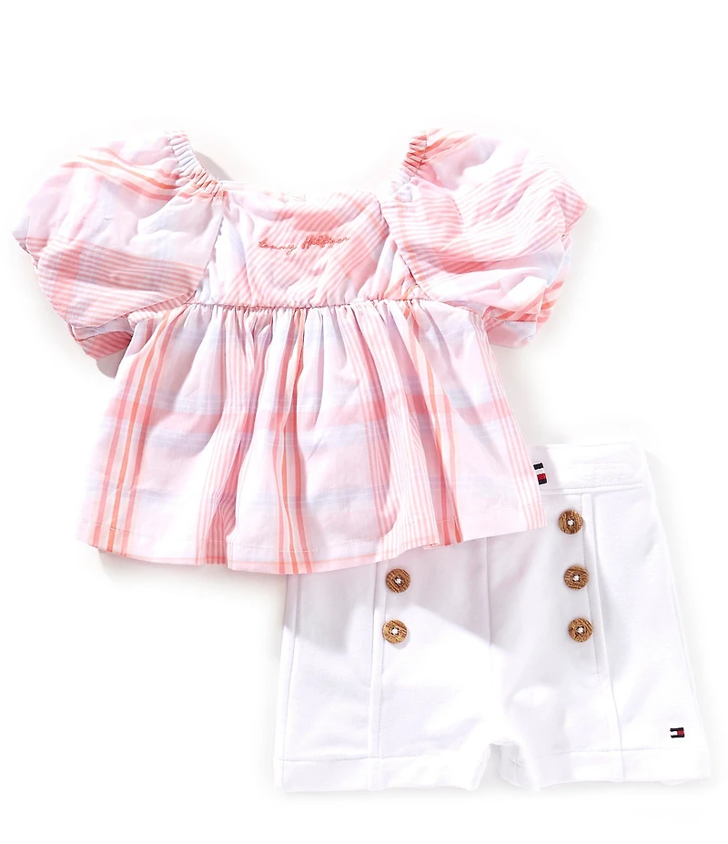 Tommy Hilfiger Baby Girls Puffed-Sleeve Plaid Woven Top & Coordinating French Terry Shorts Set