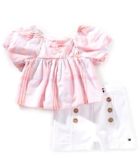 Tommy Hilfiger Baby Girls Puffed-Sleeve Plaid Woven Top & Coordinating French Terry Shorts Set