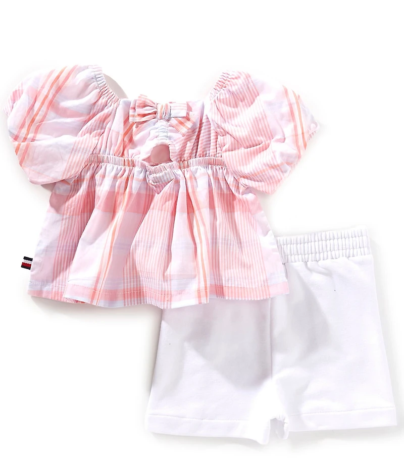 Tommy Hilfiger Baby Girls Puffed-Sleeve Plaid Woven Top & Coordinating French Terry Shorts Set