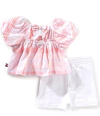 Tommy Hilfiger Baby Girls Puffed-Sleeve Plaid Woven Top & Coordinating French Terry Shorts Set