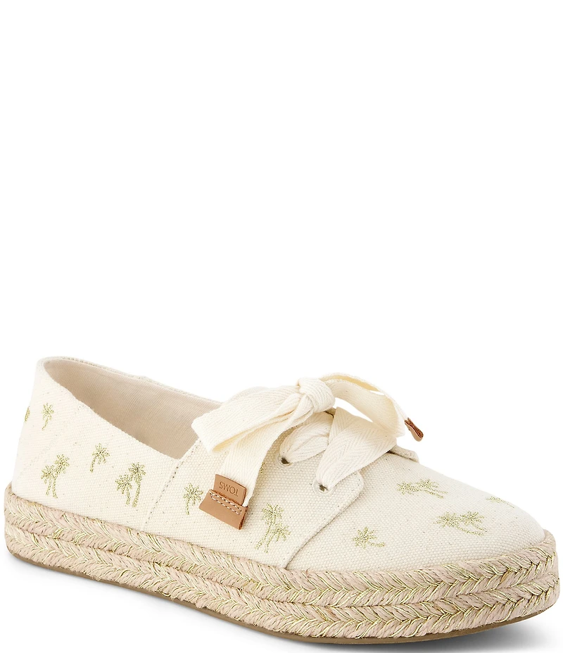 TOMS Women's Carolina Lace Up Embroidered Metallic Palm Trees Flatform Espadrilles