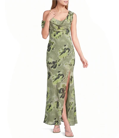 TOPSHOP Chiffon Floral Print Draped Off-The-Shoulder Long Dress