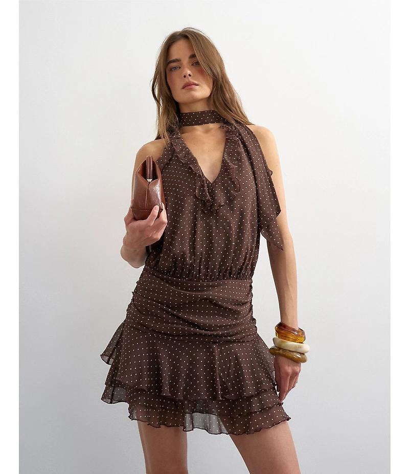 TOPSHOP Chiffon Ruffle Polka Dot Drop Waist Mini Dress