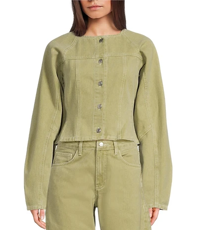 TOPSHOP Cinch Long Sleeve Button Front Denim Top