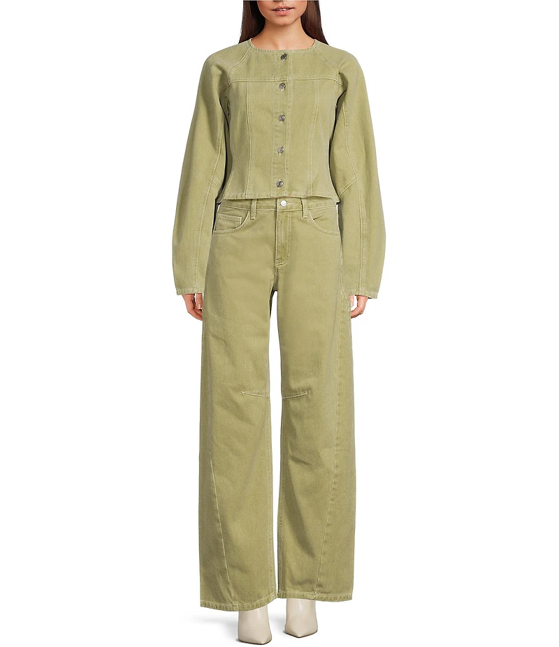 TOPSHOP Cinch Long Sleeve Button Front Denim Top