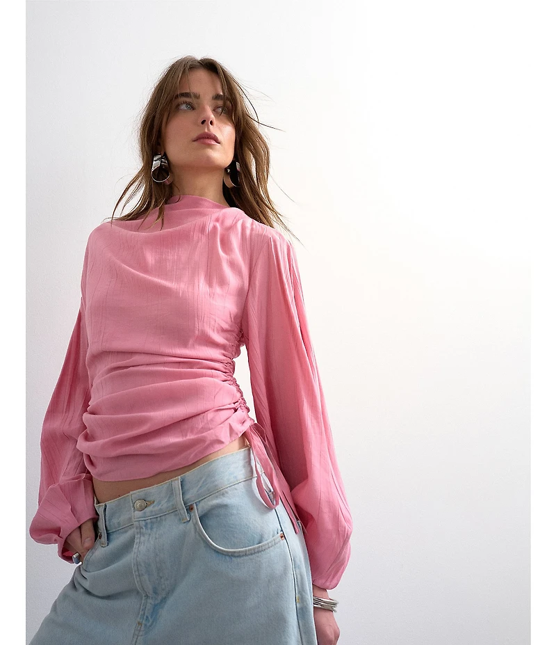 TOPSHOP Long Puffy Sleeve Ruched Tie Side Top