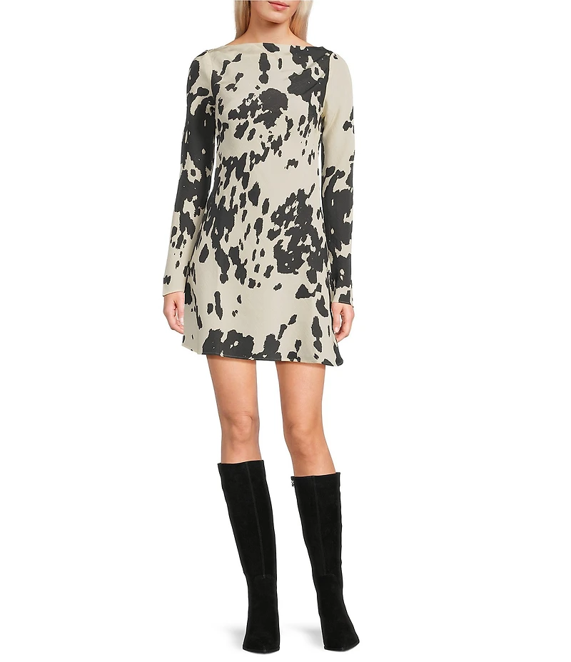 TOPSHOP Long Sleeve Mini Cow Print Drape Back Dress