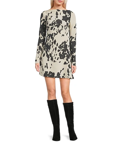 TOPSHOP Long Sleeve Mini Cow Print Drape Back Dress