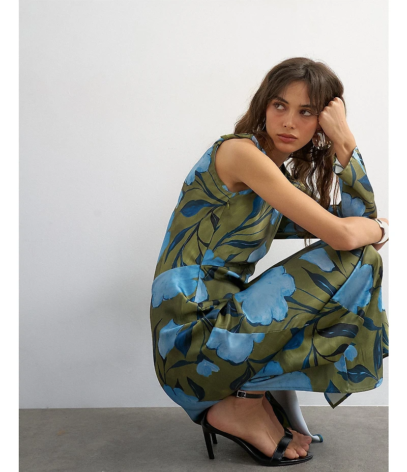 TOPSHOP Satin Floral Print Asymmetric Maxi Dress