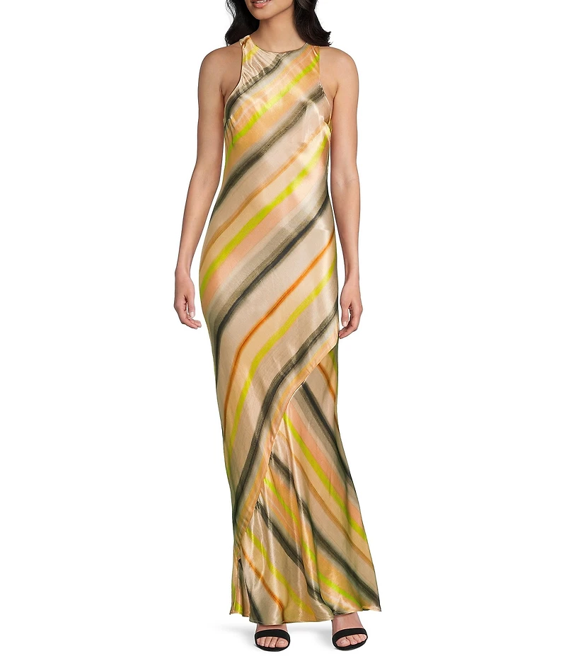 TOPSHOP Satin Stripe High Neck Sleeveless Maxi Dress