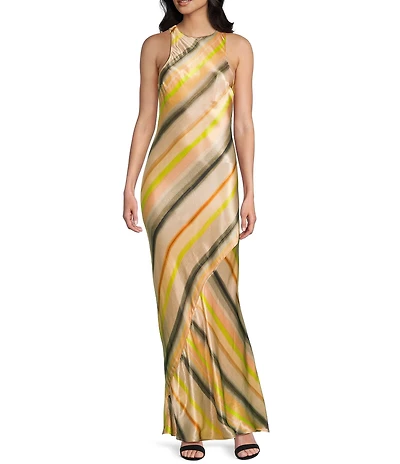 TOPSHOP Satin Stripe High Neck Sleeveless Maxi Dress