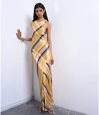 TOPSHOP Satin Stripe High Neck Sleeveless Maxi Dress