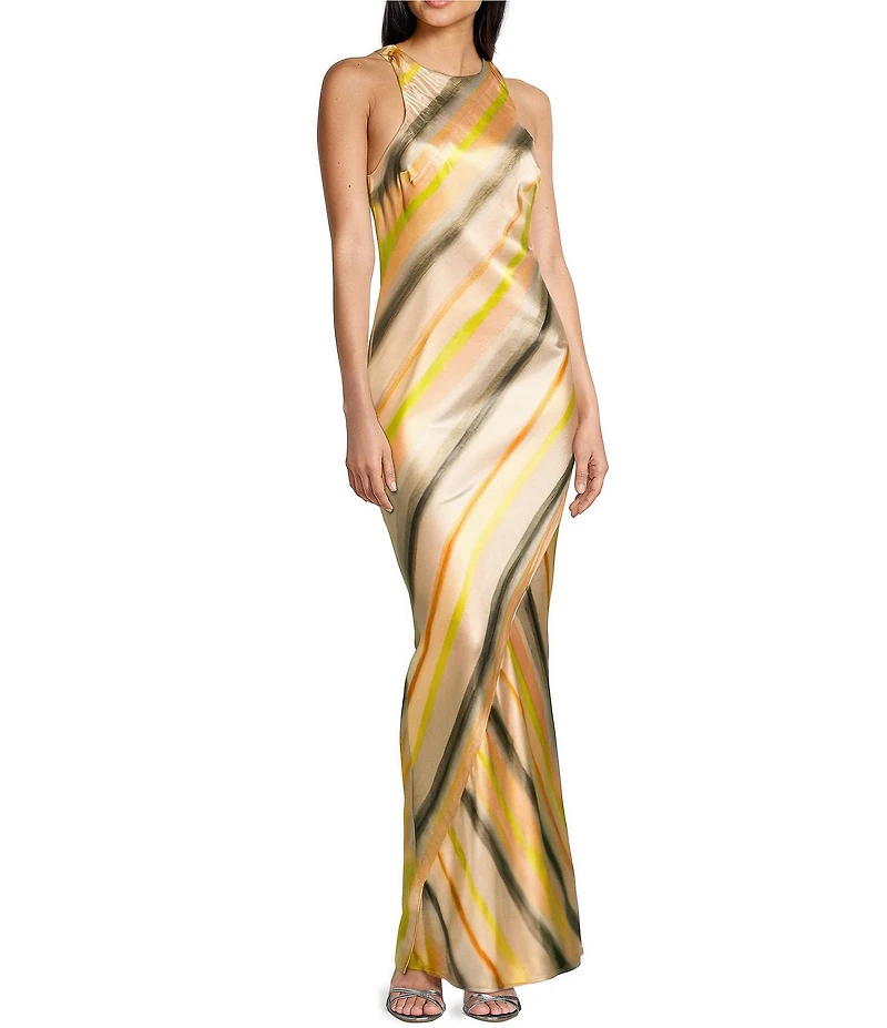 TOPSHOP Satin Stripe High Neck Sleeveless Maxi Dress