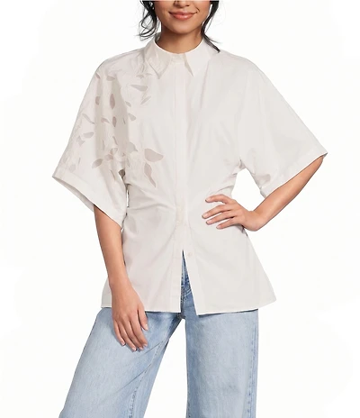 TOPSHOP Woven Oversized Cinched Waist Short Sleeve Point Collar Cutwork Top