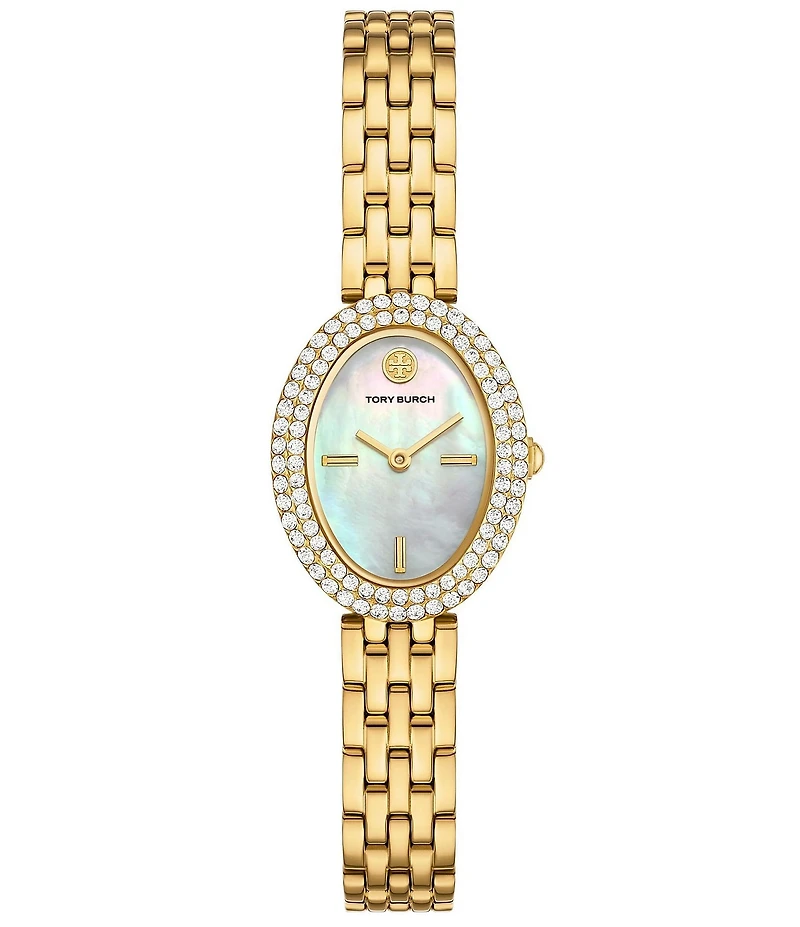 Tory Burch Women's Crystal Oval Mother Of Pearl Quartz Two-Hand Stainless Steel Bracelet Watch