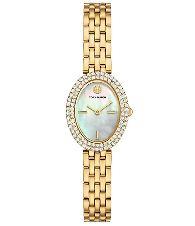 Tory Burch Women's Crystal Oval Mother Of Pearl Quartz Two-Hand Stainless Steel Bracelet Watch