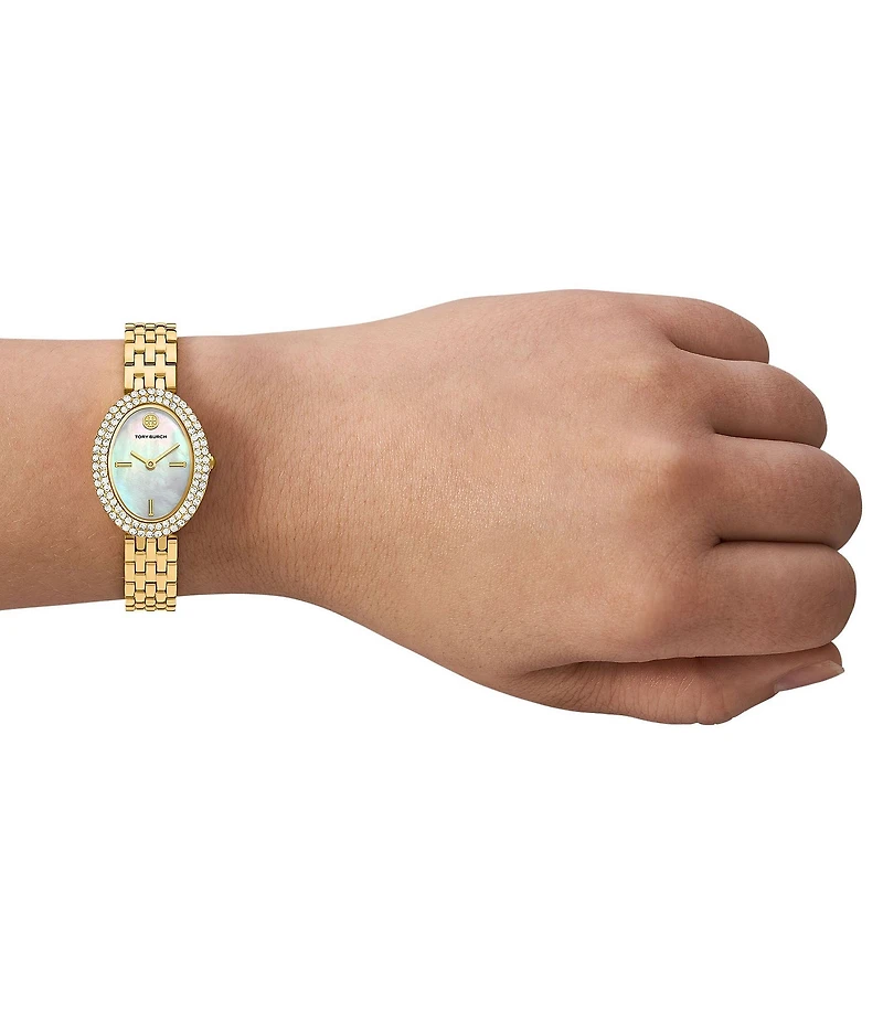 Tory Burch Women's Crystal Oval Mother Of Pearl Quartz Two-Hand Stainless Steel Bracelet Watch