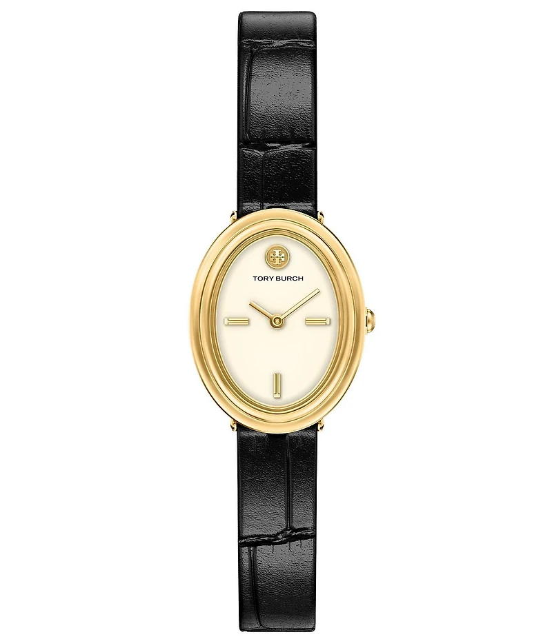 Tory Burch Women's Oval Quartz Two-Hand Black Leather Strap Watch