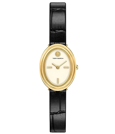 Tory Burch Women's Oval Quartz Two-Hand Black Leather Strap Watch