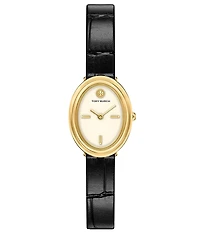 Tory Burch Women's Oval Quartz Two-Hand Black Leather Strap Watch