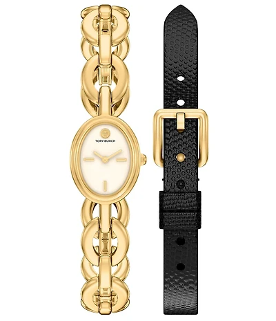 Tory Burch Women's Small Oval Quartz Two-Hand Gold Tone Stainless Steel Bracelet Watch Gift Set