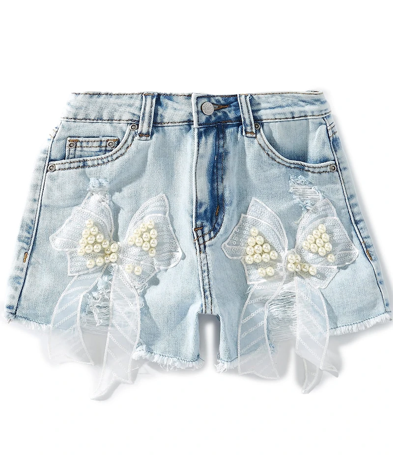 Tractr Big Girls Faux-Pearl Bow-Accented Denim Shorts