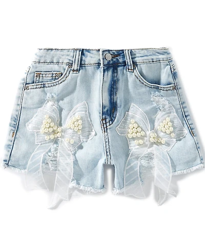Tractr Big Girls Faux-Pearl Bow-Accented Denim Shorts