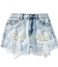 Tractr Big Girls Faux-Pearl Bow-Accented Denim Shorts