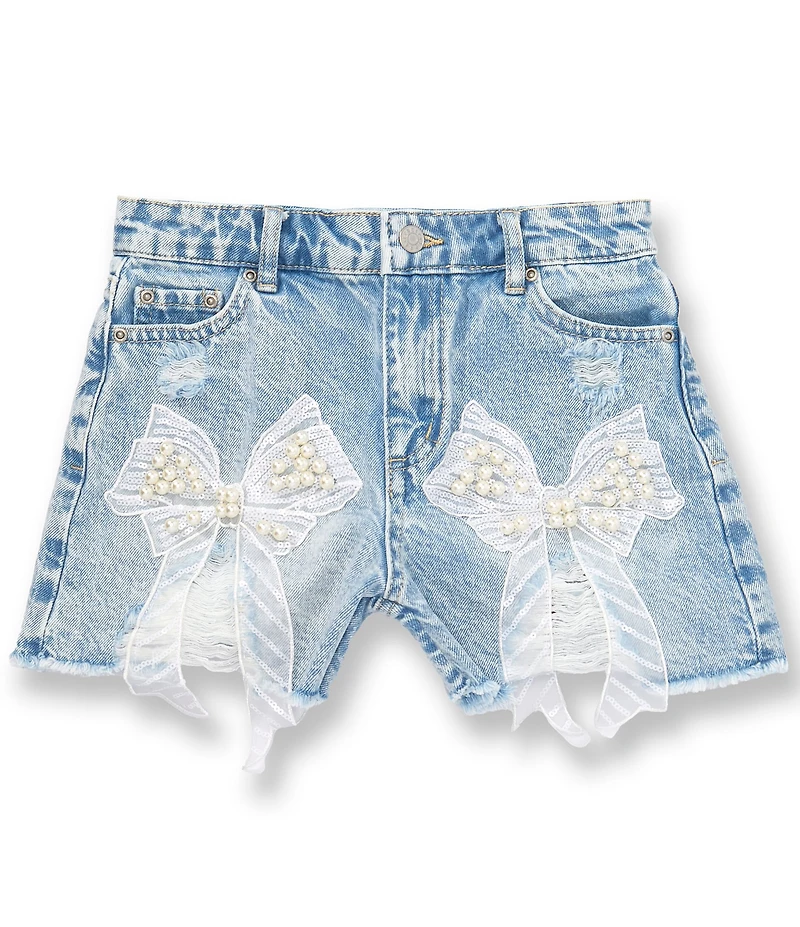 Tractr Big Girls Faux-Pearl Bow-Accented Denim Shorts