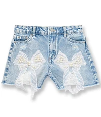 Tractr Big Girls Faux-Pearl Bow-Accented Denim Shorts