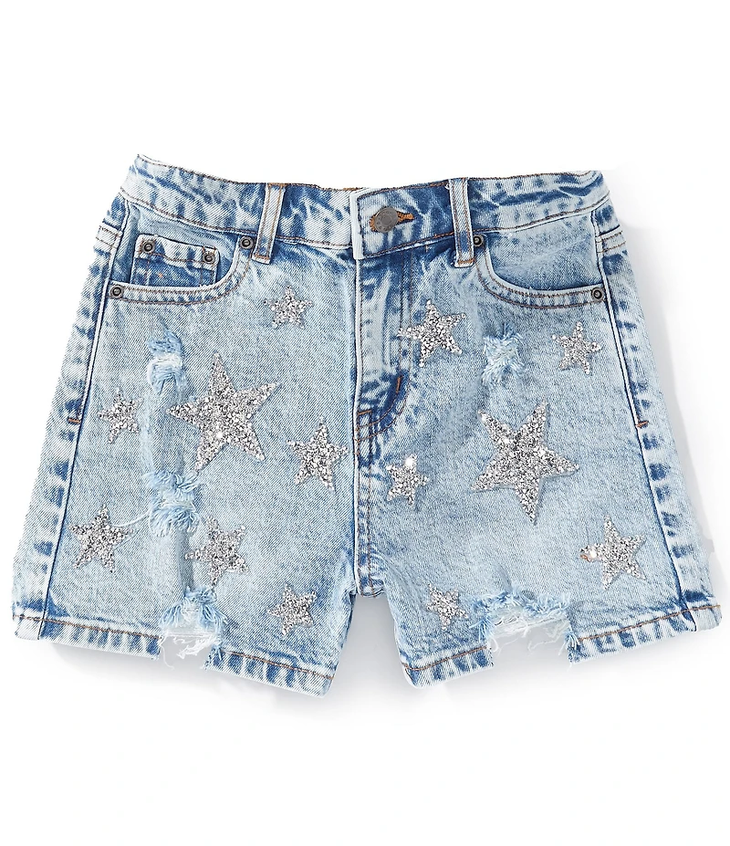 Tractr Big Girls Glitter Star Patch Distressed Denim Shorts