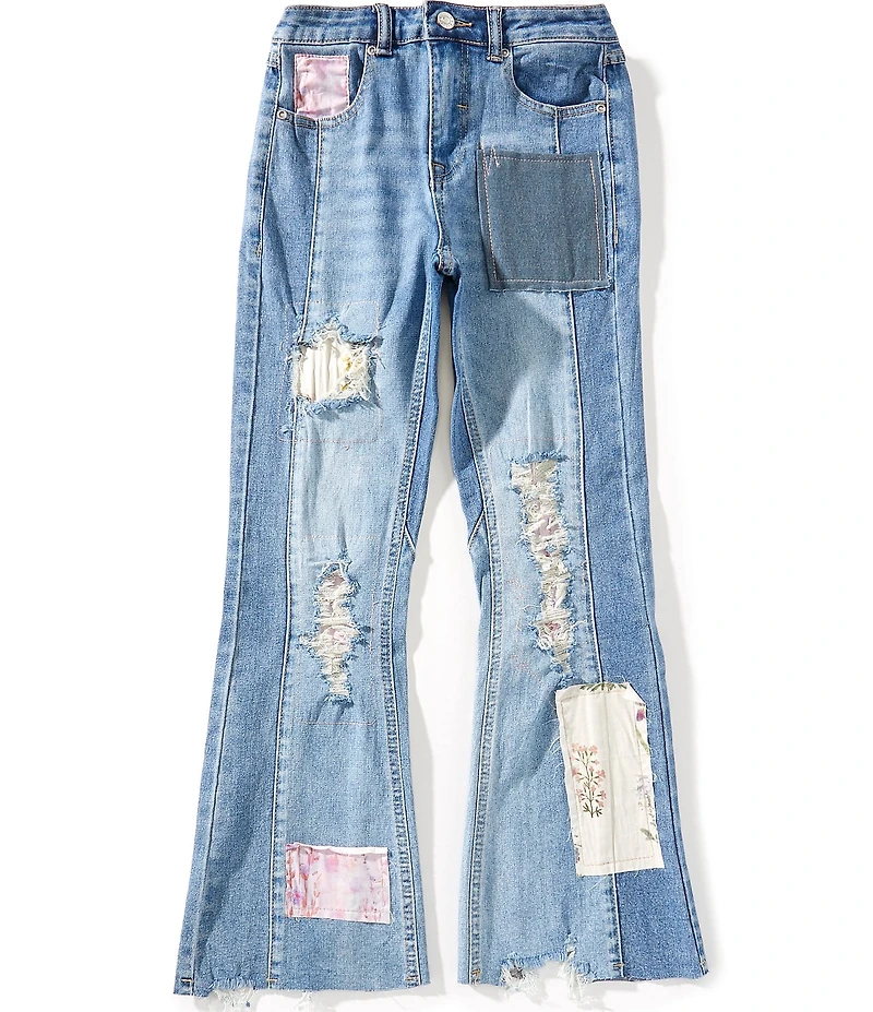 Tractr Big Girls Patchwork Distress Slim Flare Denim Jeans