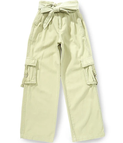 Tractr Big Girls Solid Straight Leg Cargo Pocket Crochet Trim Twill Pants