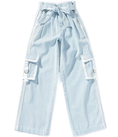 Tractr Big Girls Stripe Straight Leg Twill Cargo Crochet Trim Pants