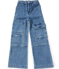 Tractr Big Girls Wide Leg Cargo Pocket Indigo Jeans