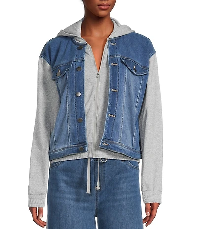 Tractr Tractr Blu Color Block French Terry Denim Long Sleeve Hooded Jacket