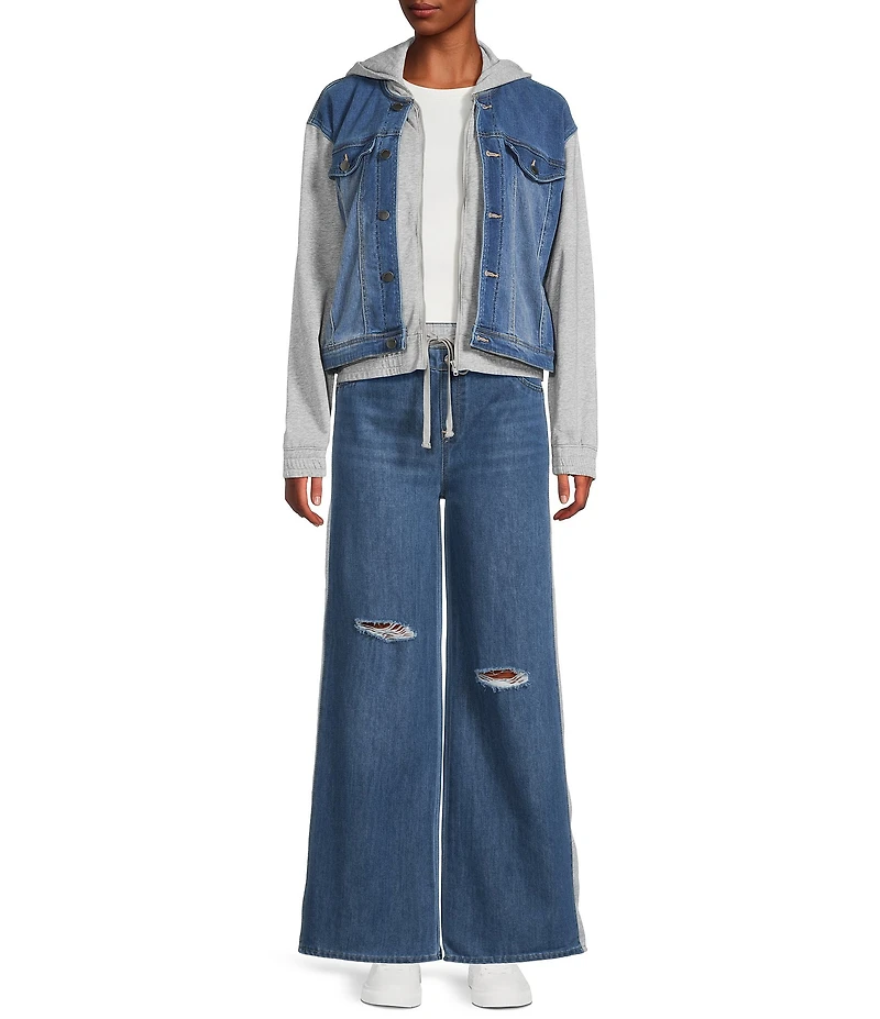 Tractr Tractr Blu Color Block French Terry Denim Long Sleeve Hooded Jacket