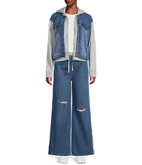 Tractr Tractr Blu Color Block French Terry Denim Long Sleeve Hooded Jacket